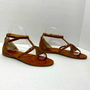 Lucky Brand Women’s Thong leather Sandals T-Strap Shoes Tassels Size 8